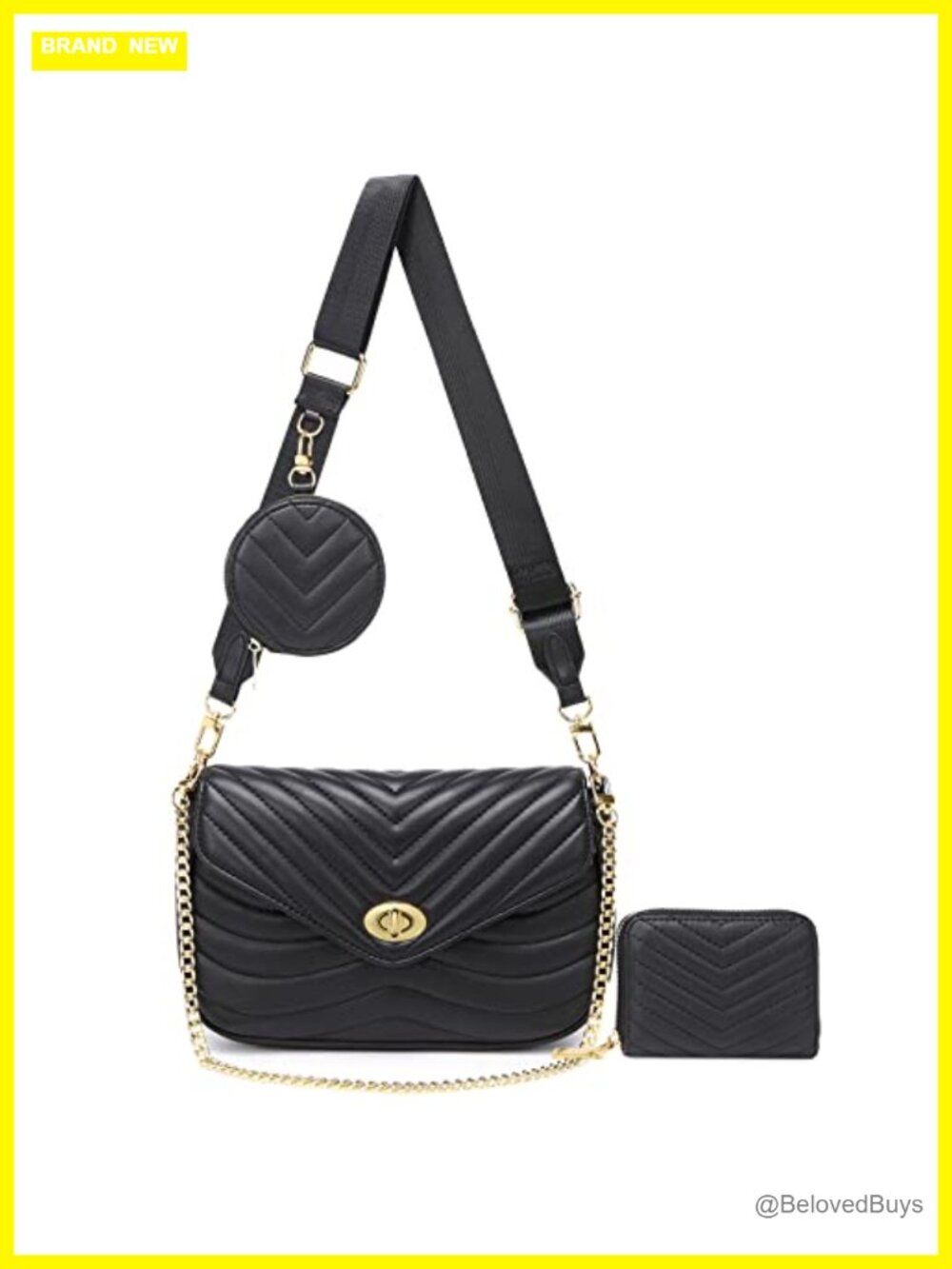 Quilted Faux Leather Crossbody Bag with Chain Strap, 3-Piece Purse Set with